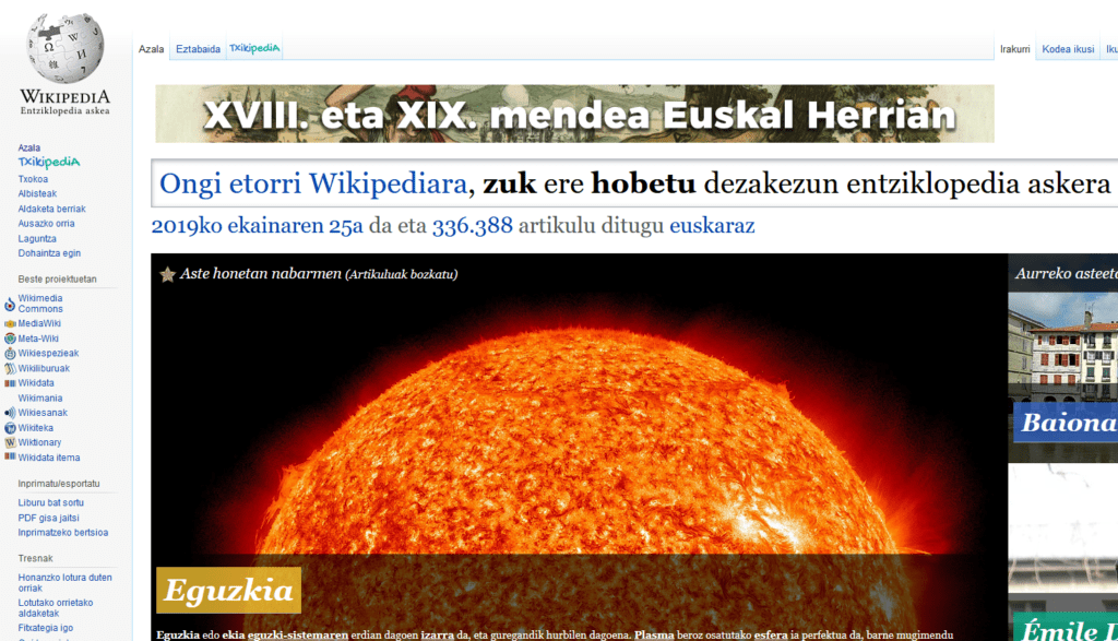 Wikipediako 29. hizkuntza da euskara