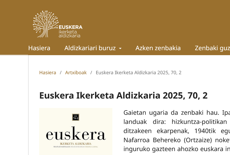 ‘Euskera Ikerketa Aldizkaria’ren 2025eko bigarren zenbakia kalean da